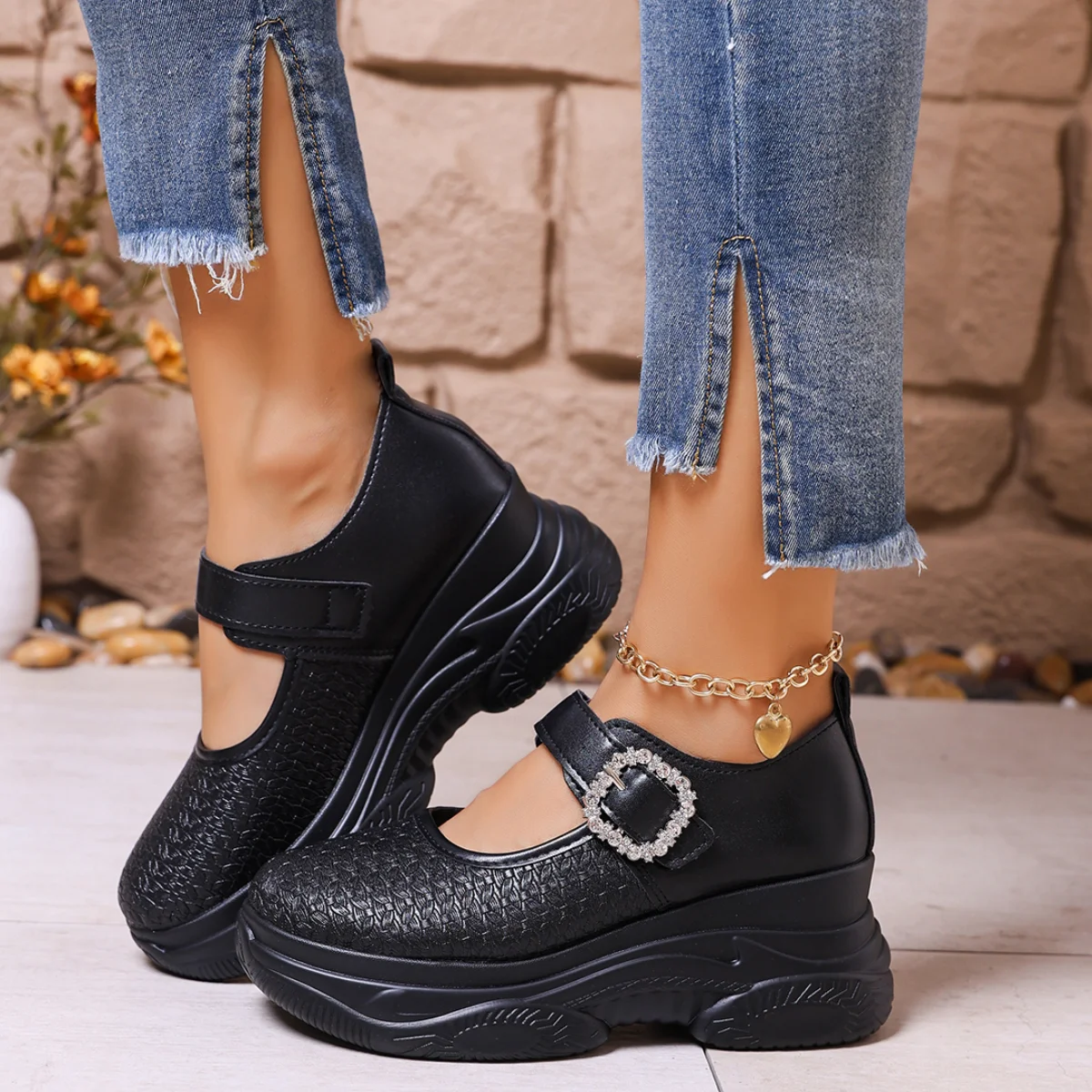Rhinestone Buckle Thick Bottom Mary Jane Shoes Women Spring White Black Patent Leather Wedge Sneakers Lady Height Increase Shoes - view 4