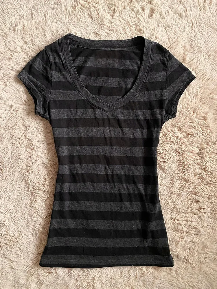 

Gothic Rose Original Retro American Bla Stripe T-irt Slimming Beautiful Summer New Sle Casual Print Cotton Women's Top