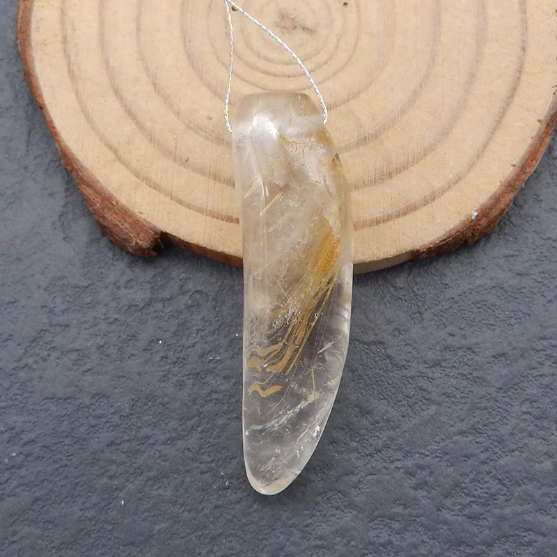 Semiprecious Stone Gold Rutilated Quartz Gemstone Pendant Bead 43x12x11mm 9.1g Handmade Jewelry For Birthday Gift Accessories