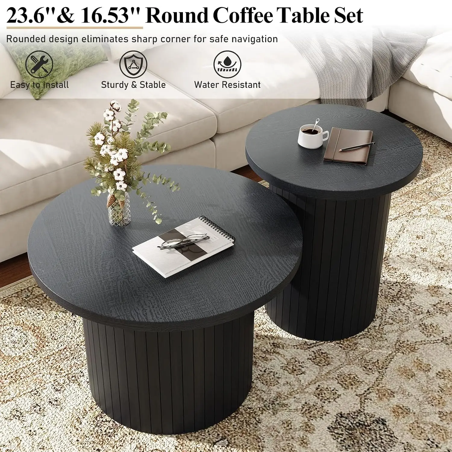 Round Nesting Coffee Table Set of 2, Mid Century Modern Wood Slat for Living Room Office Balcony, Black, Customized