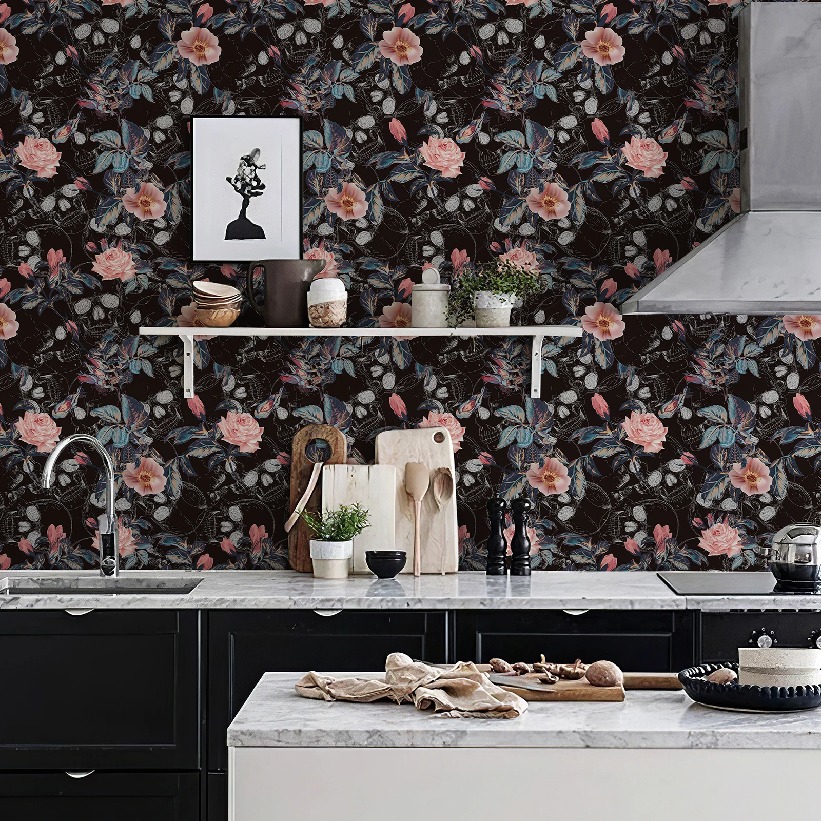 Retro Halloween Skull Rose Wallpaper Waterproof Peel And Stick Festival Wall Contact Paper Chic Pink Flower Cabinet Sticker