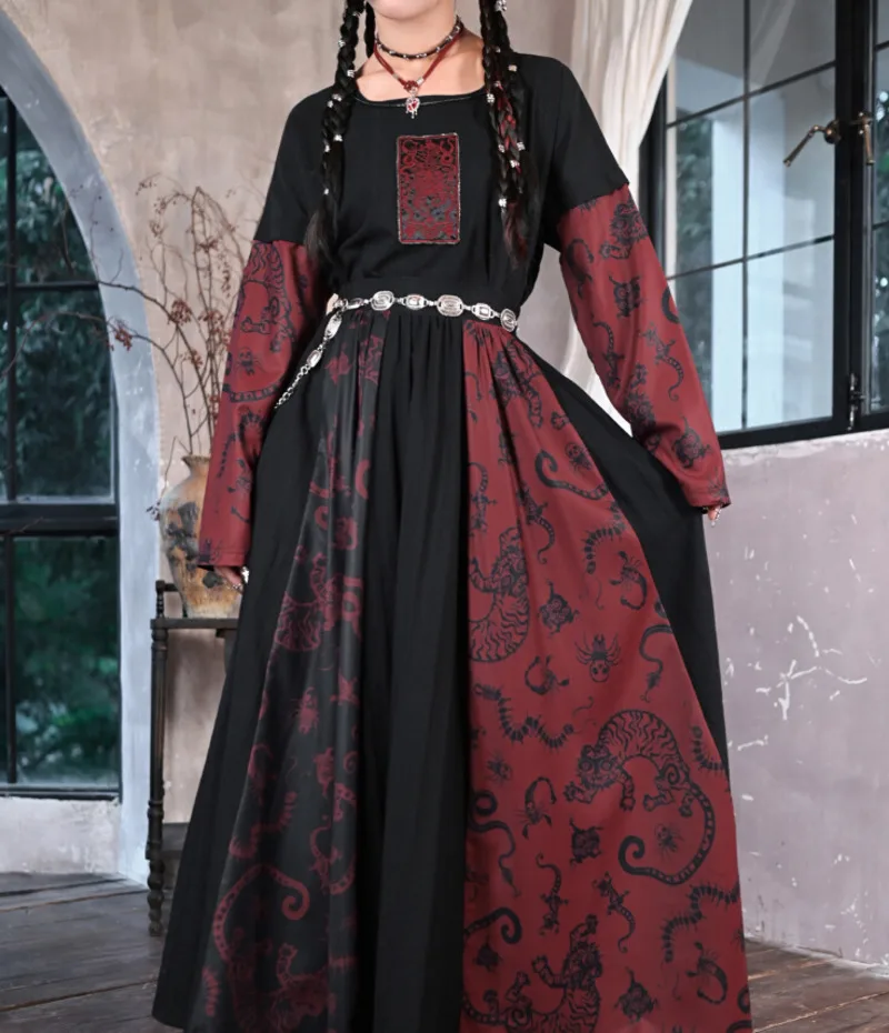 New Improve Guofeng Long Skirt Guofeng Printing Daily Skirt Fiesta Carnival Halloween Cos Cosplay Red