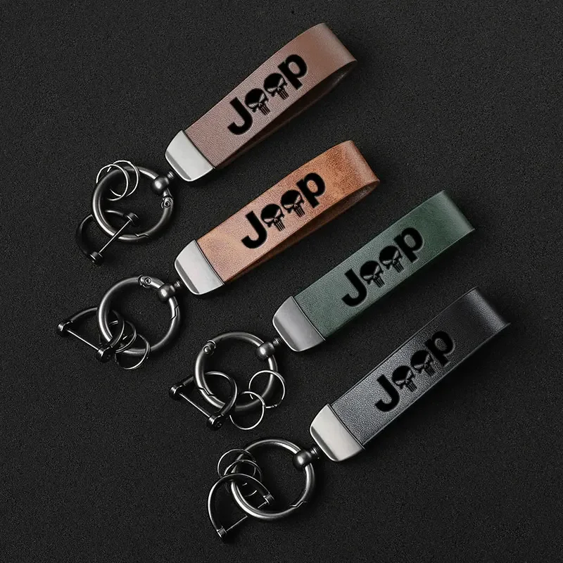 For Jeep Renegade Wrangler JK JL Grand Cherokee Compass Patriot Journey Charger Luxury Genuine Leather Keychain Car Key Ring