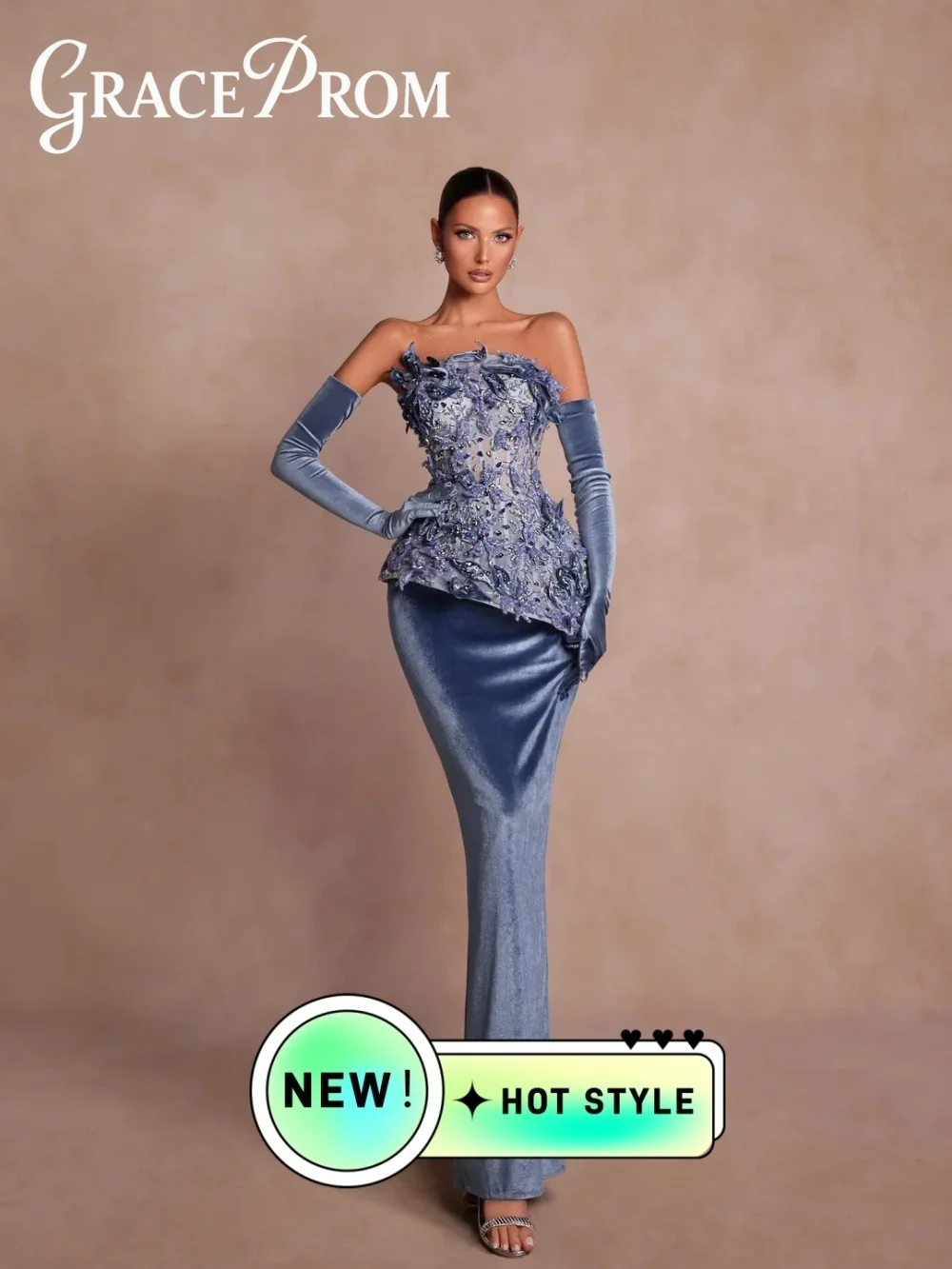 

Elegant 3D-Floral Evening Dress 2026 Luxurious Blue Velvet Carpet Gown Stylish Bead Floor-Length Party Gown No Glove فساتين سهرة