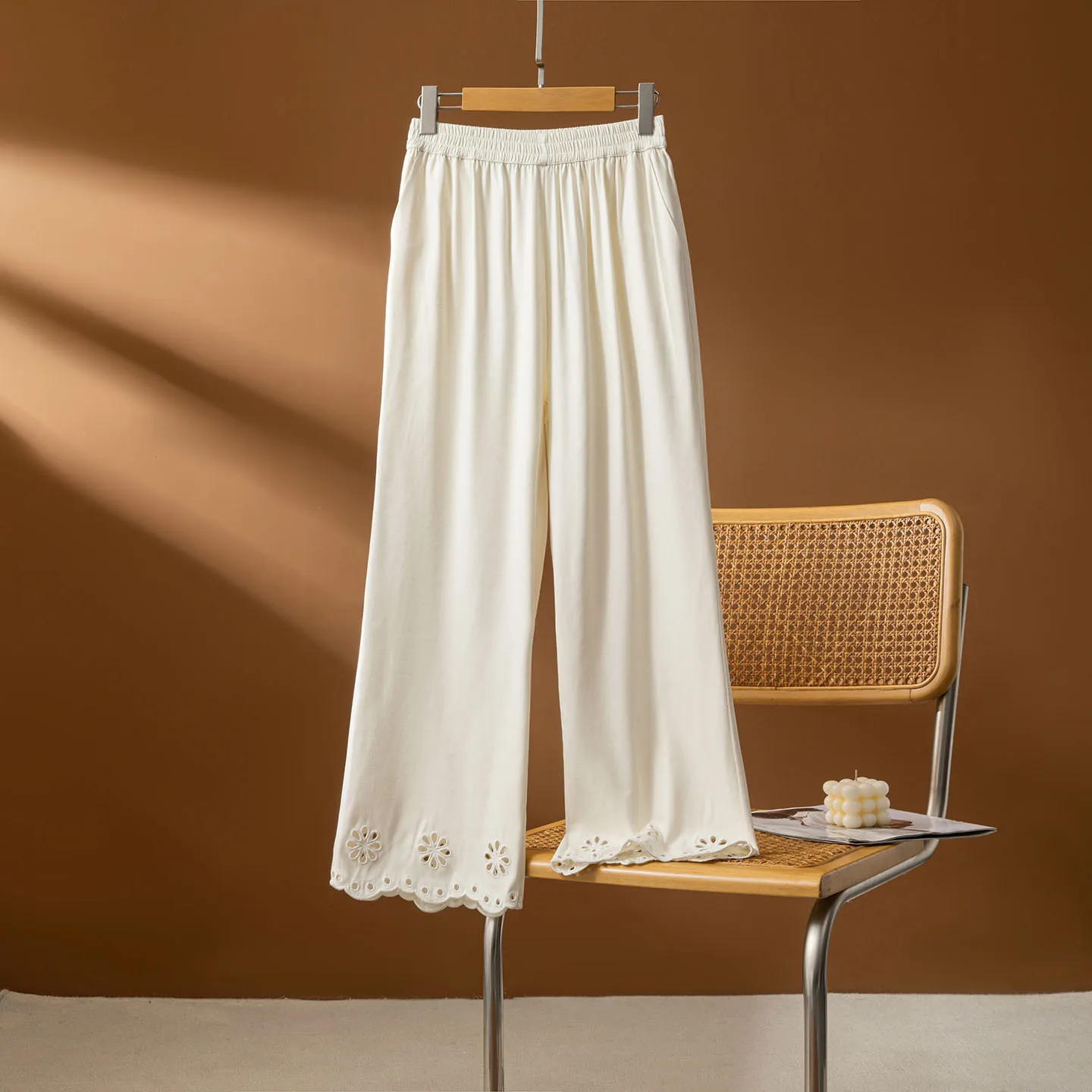 Winsleter-100%Spun Silk Elegant Trousers, Elastic Waist Hollowed-out Embroidery, Women Chic Straight Pants, 2026 Summer B65006CC