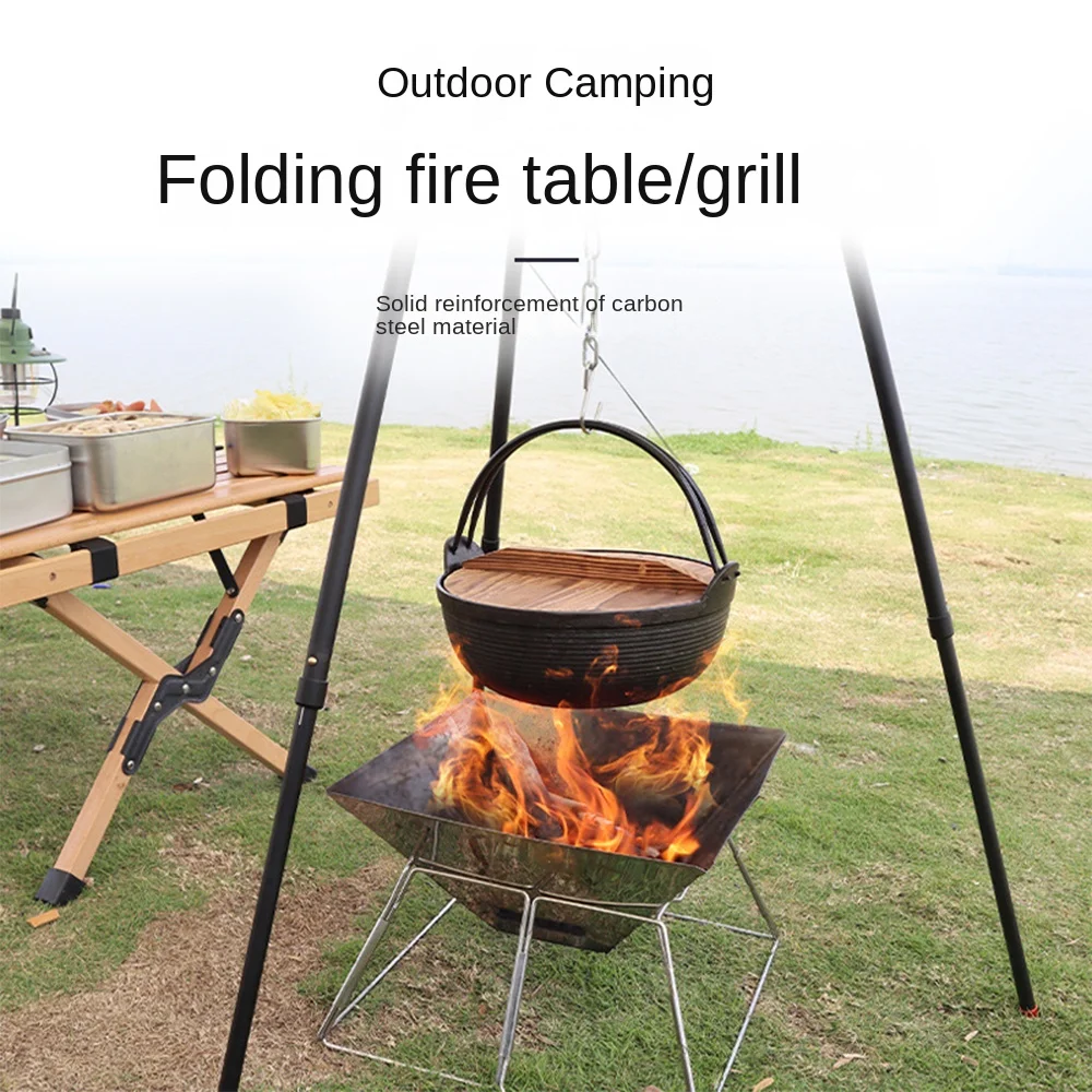 Camping Wood Burning Stove w/ BBQ Grill Net Portable Folding Stainless Steel Foldable Fire Table Outdoor Barbeque Cooking Stove