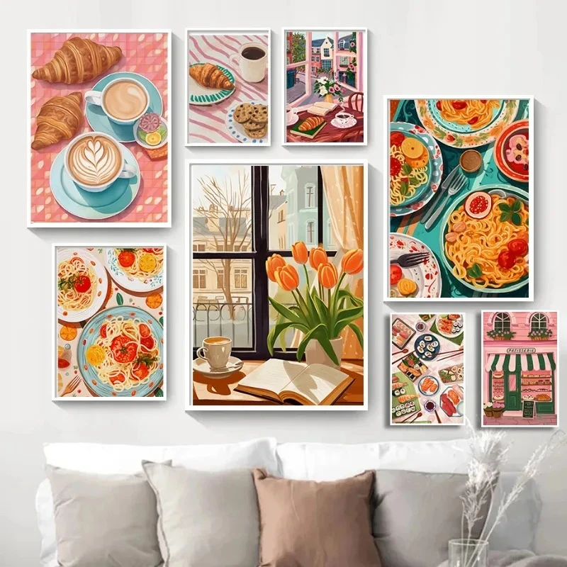 Póster artístico de panadería, croissants, galletas, sushi, espaguetis, café, pintura en lienzo, imagen impresa para pared, decoración del hogar y cocina