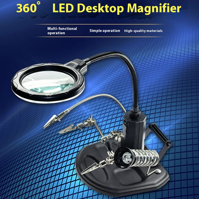 

TE-802 Светодиодная настольная лупа, электрическая подставка для утюга, ремонт печатной платы, держатель сварочного утюга с зажимами, светодиодная стеклянная настольная лупа