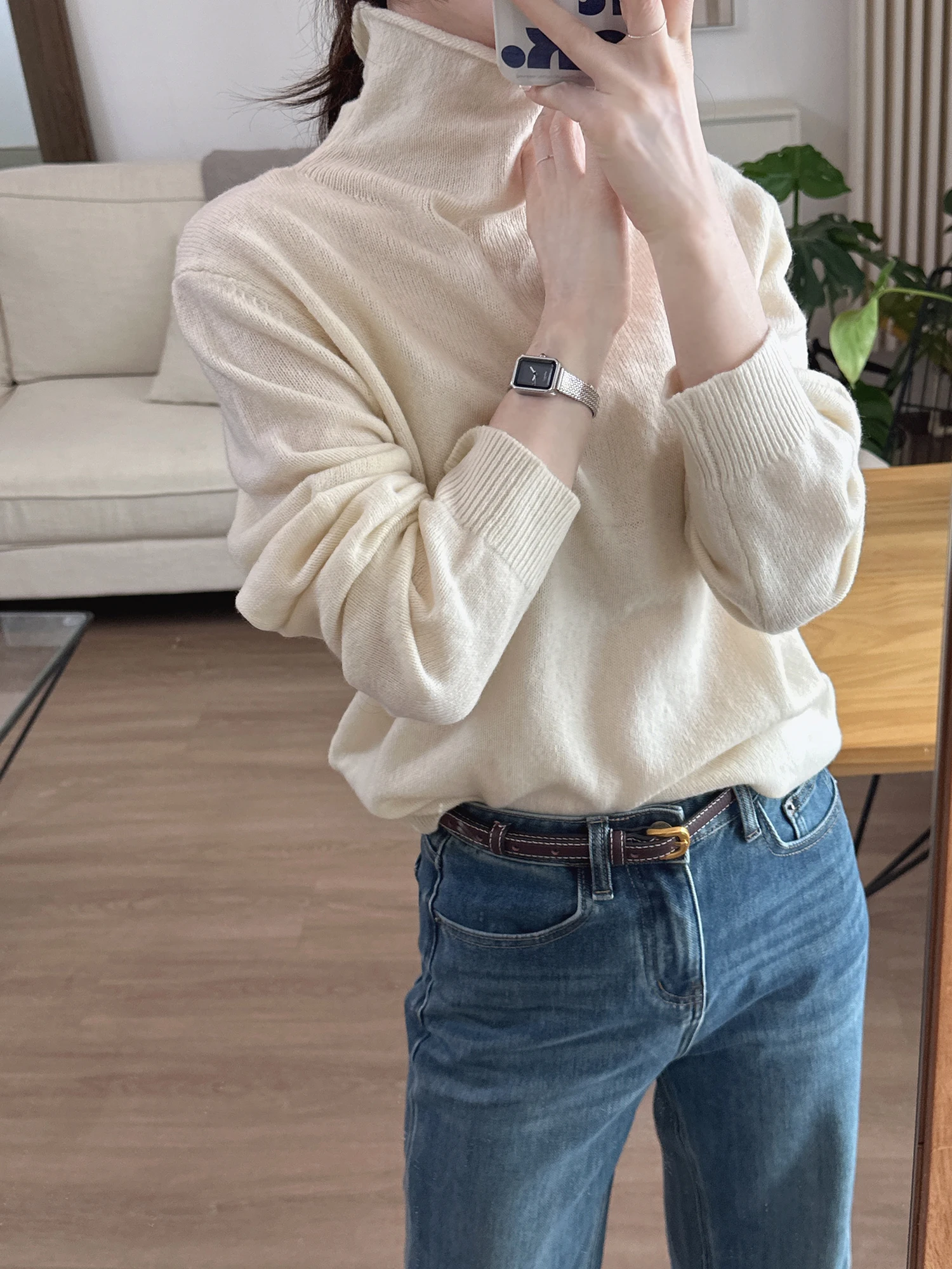 

Spring High Collar Thin 100 Wool Long Sleeve Peach Knitted Sweater Versatile Simple Shoulder Straight Tube Light Mature Style...