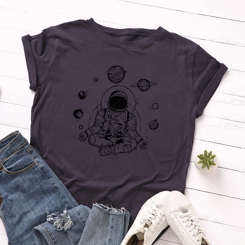 JFUNCY Summer Women T-shirt Creative Space Astronaut Print Short Sleeve Tops 100% Cotton Woman Tshirt  Loose Female Tees