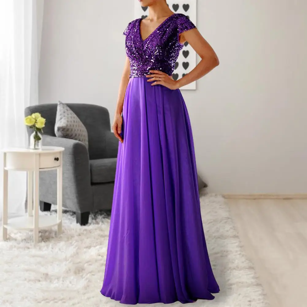 

Elegant Sequins Chiffon Dress For women V Neck Pleated Hem Female Sequins Chiffon Prom Cocktail Long Dress Wedding Evening Dress
