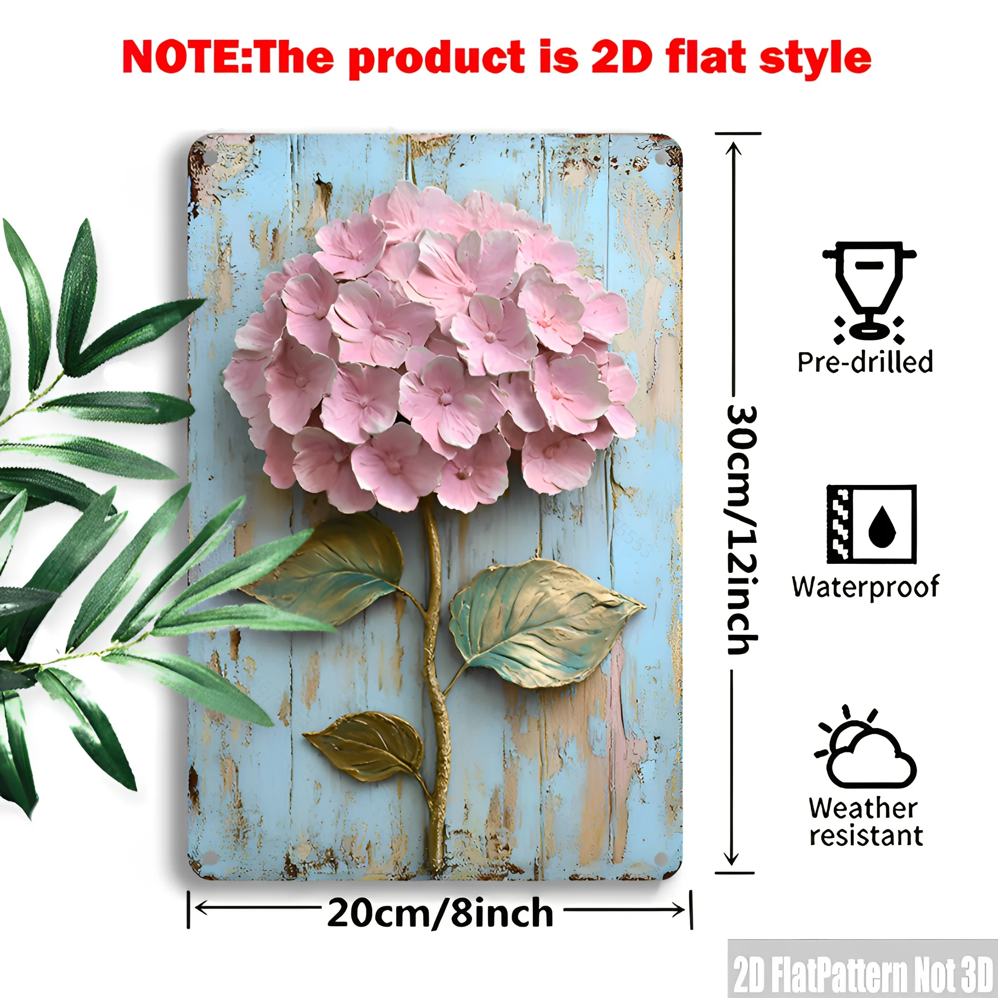 2D Flat Retro Hydrangea Iron Wall Decor - 8X12 Inch Rustic Old Metal Decoration, Pink And White Flowers, Easy to Hang, Suitable