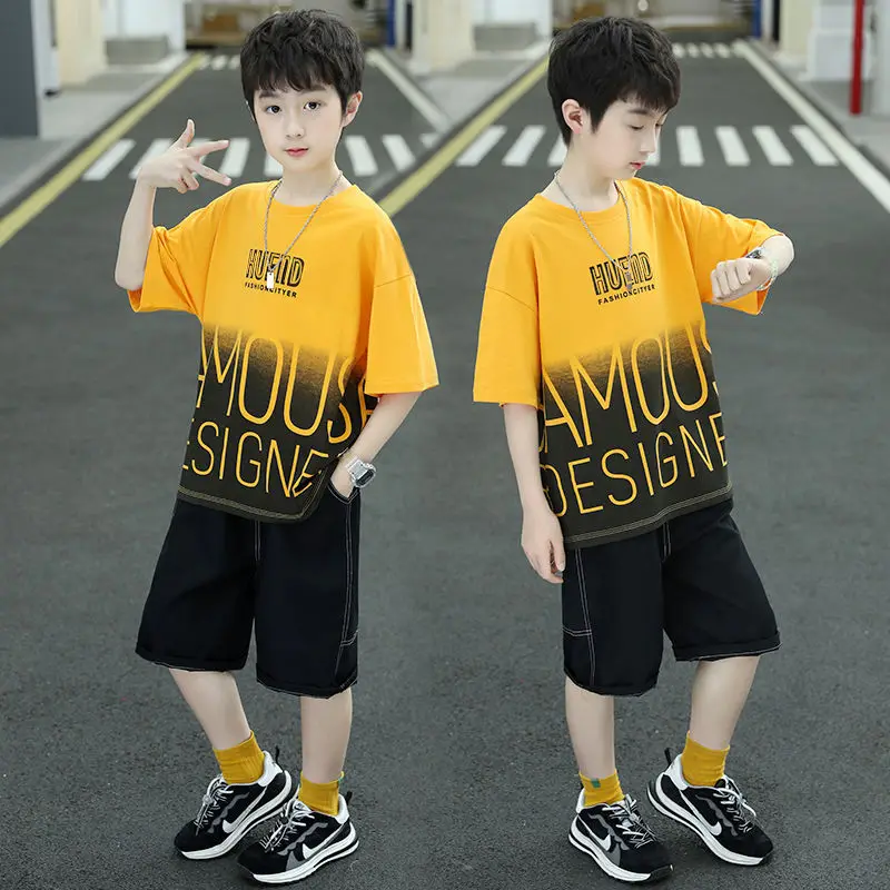 Summer Boys Cotton Contrast Alphabet t-Shirt Tops+Denim Shorts Pant School Kids Tracksuit Child 2PCS Outfit Workout Set 5-16 Yrs