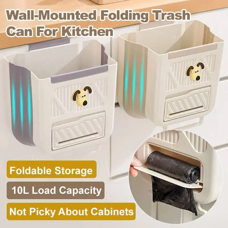 

Household collapsible garbage bin cabinet doorKitchen punch-free trash can cabinet door wall-mounted household trash basket
