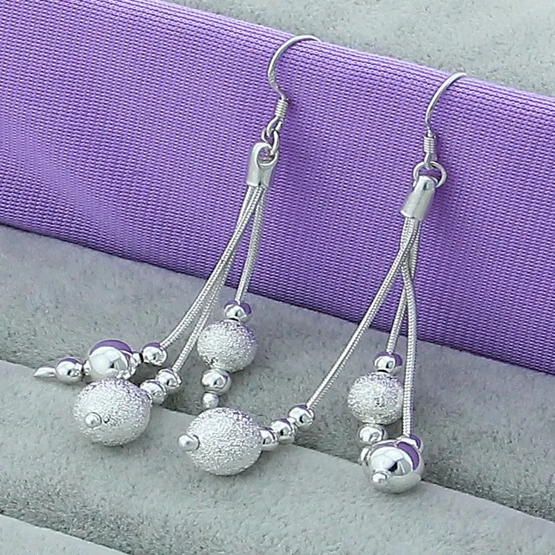 

925 Sterling Silver Smooth Matte Bead Ball Drop Earrings For Woman Wedding Engagement Fashion Party Charm Jewelry