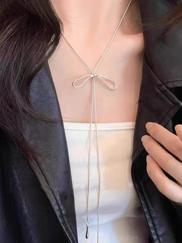 Simple Bowknot Drawstring Long Necklace for Women Silver Bow Draw‑Adjustable Necklace Korean Fashion Elegant Clavicle Chain