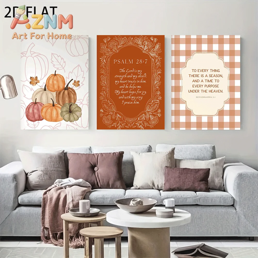 AZNM Frameless Canvas Wall Art, Fall Bible Verse Print, Watercolor Pumpkin Gingham Check Scripture Art Poster for Thanksgiving F