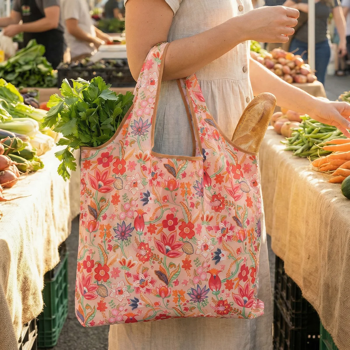 1Pc Reusable Shopping Bag Foldable Grocery Tote Bag Floral Print Large Capacity Washable Eco Friendly Bag for Grocery Shopping