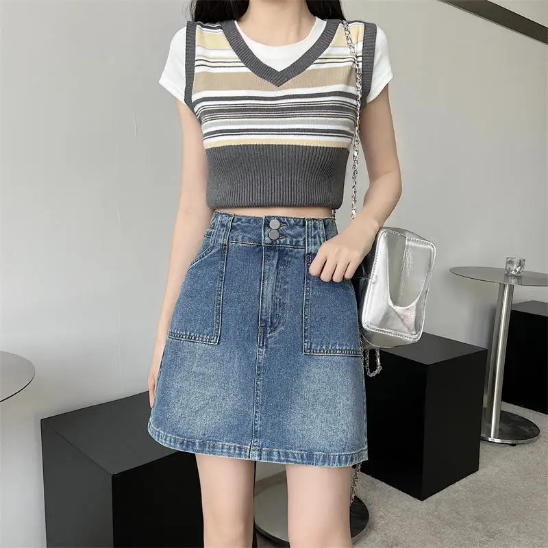 

Retro High Waist Denim Skirt Women's Summer New A-Line Slimming Versatile Anti-Light