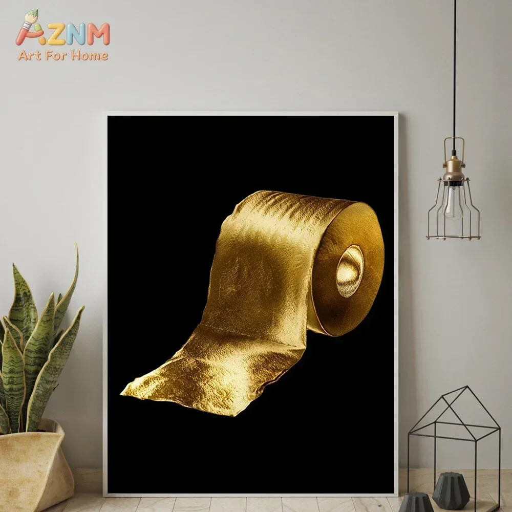 AZNM Modern Golden Art Canvas Wall Art Funny Girl with Pearl Earring Toilet Roll Design Unframed Canvas Print for Bathroom Livin