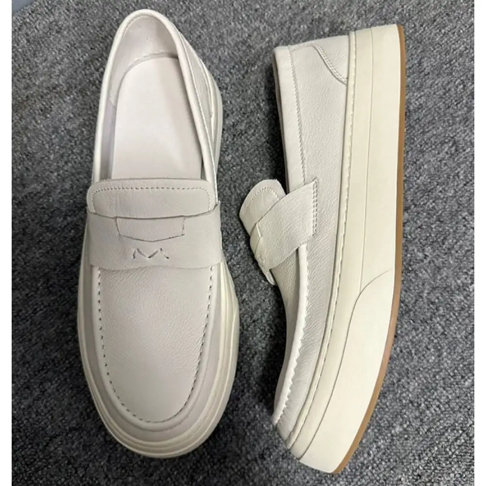 Men’s Cream White Leather Loafers, Breathable Anti-Slip Casual Slip-On Shoes for All Occasions