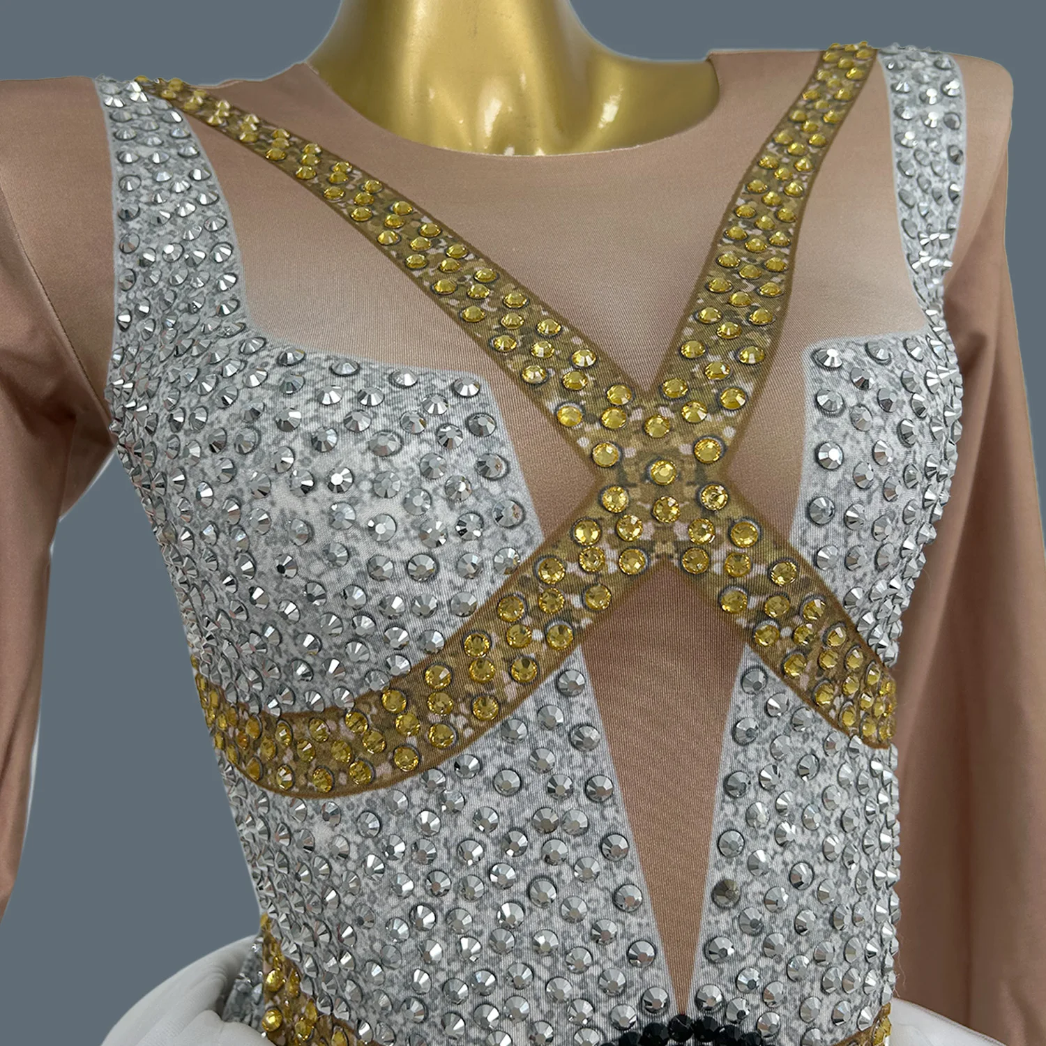 

Flashing Sparkly Rhinestone Long Sleeves Bodysuit Mesh Long Tail Party Celebrate Outfit Women Singer Dance Wear Outfit Jiamian
