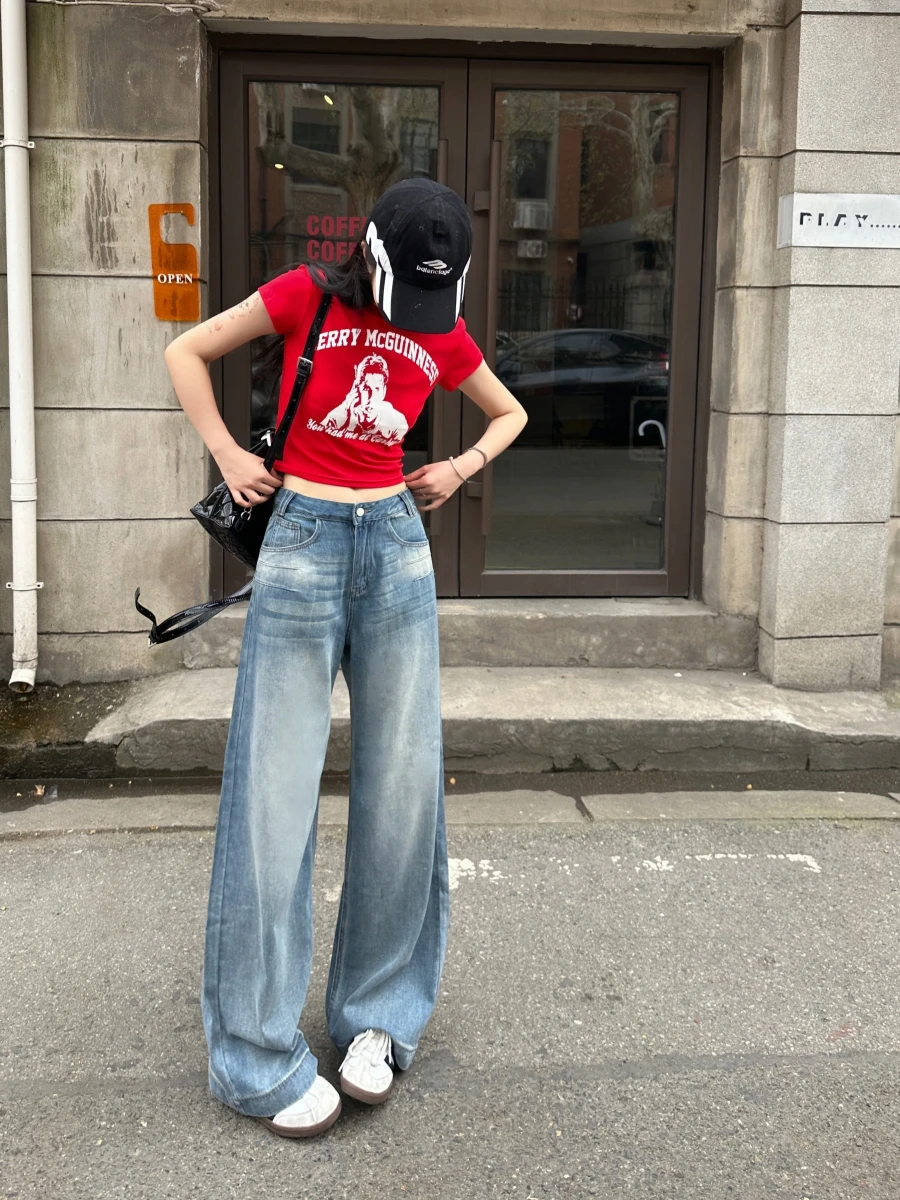 

Tristine Loose Straight Leg Vintage Waed Denim Jeans Women's Stitched Design Wide Leg Pants Casual High Waist Jeans