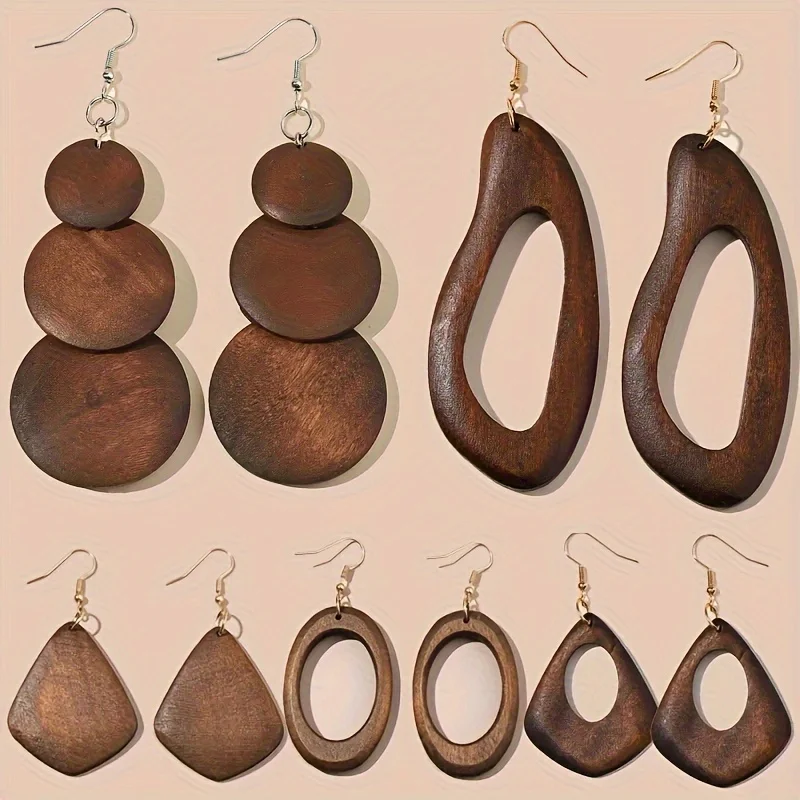 5-paren/set retro bruin massief hout bungelende stijl damesoorbellen set