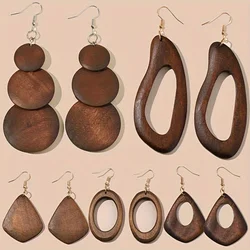 5 Pairs/Set Retro Brown Solid Wood Dangle Style Women's Earrings Set
