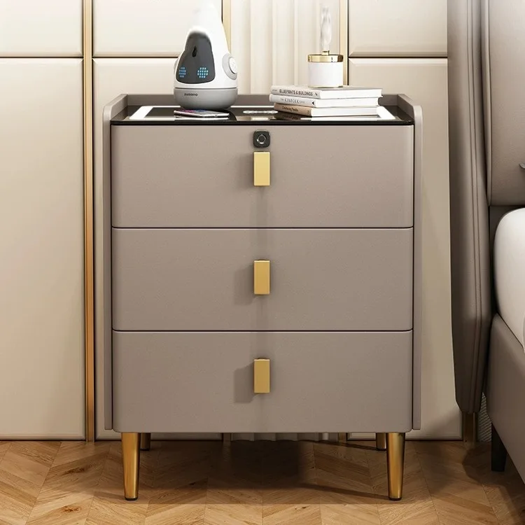 طاولة بجانب السرير الذكية للمشاهير على الإنترنت من الخشب الصلب بالكامل، تخزين بجانب السرير لغرفة النوم المنزلية مع قفل خفيف فاخر وحديث وبسيط