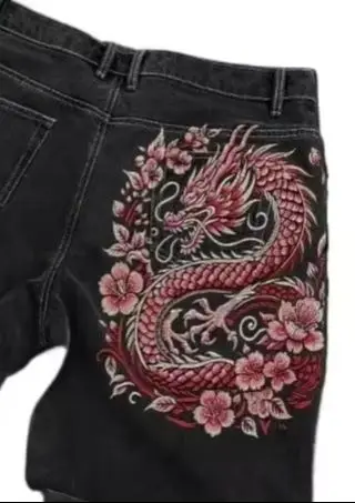 

Модные ретро-джинсы свободного кроя с вышивкой в виде цветов сакуры и дракона для мужчин и женщин, новая готическая повседневная уличная одежда в стиле Y2K