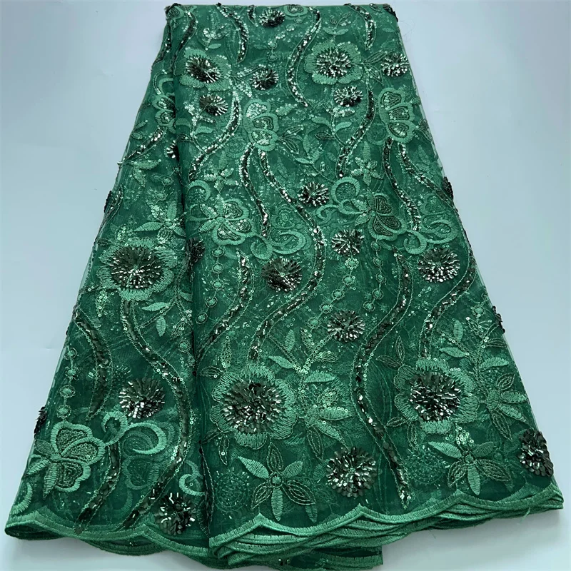 Green French Mesh Lace Fabric Sequins Embroidered Tulle African Lace Fabric 2024 High Quality Luxury Bride Wedding Dress A3845