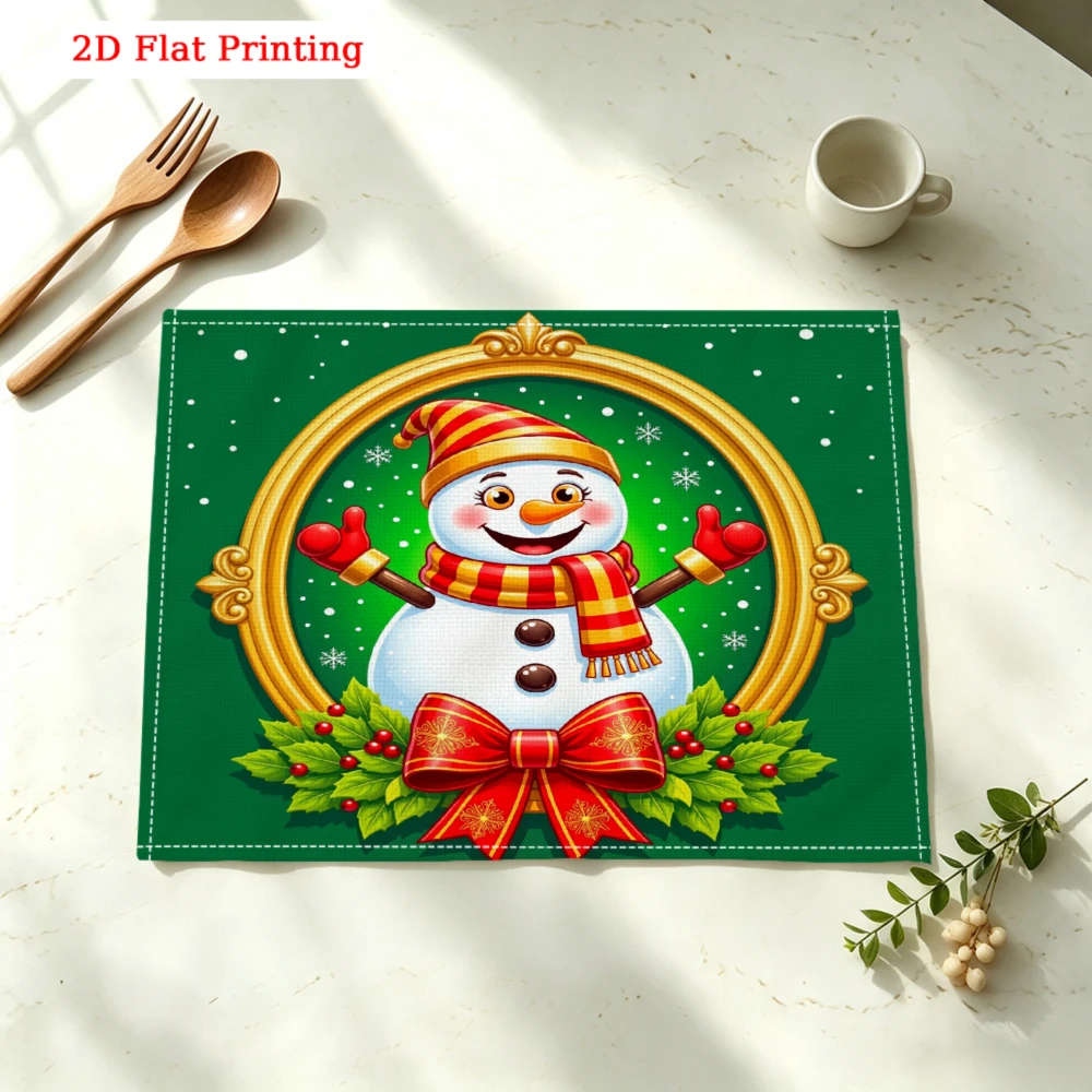 Snowman In Golden Frame Kitchen Placemat Coaster Linen Pad Dish Coffee Cup Table Mat 30x40cm Home Decor