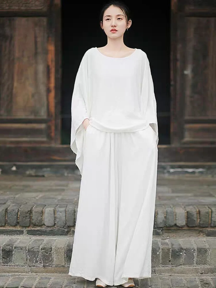 

Белый льняной комплект Zen Sle Lazy Faion, женский топ, широкие брюки, ансамбль Elely Cool, повседневный летний наряд, комплект из двух предметов