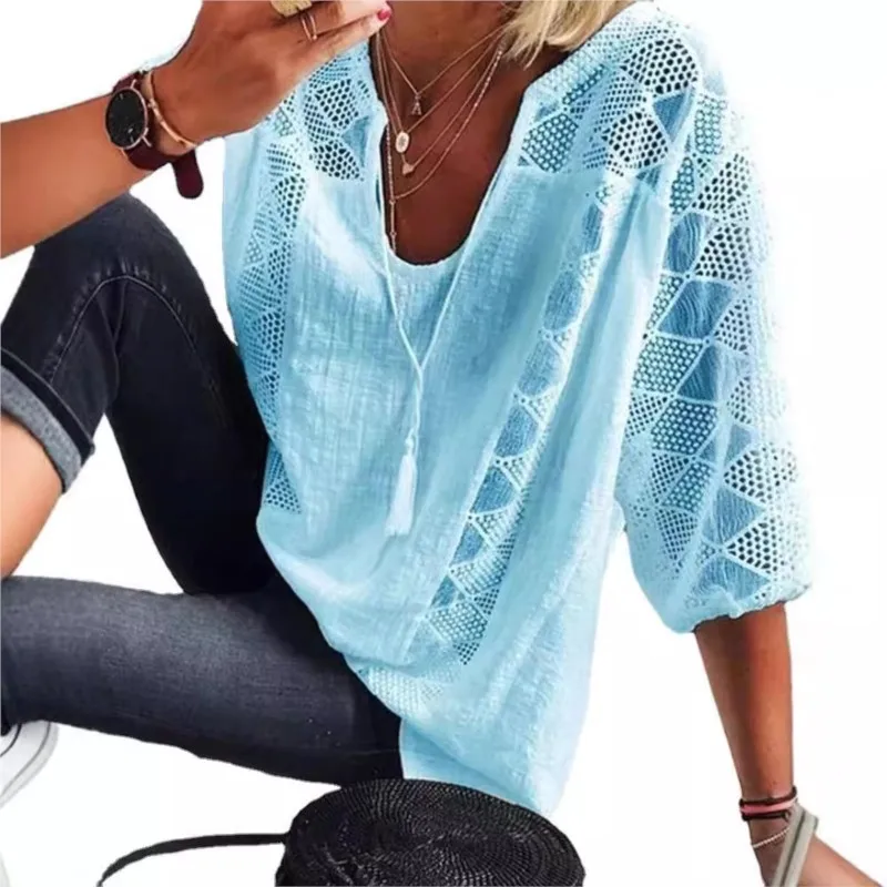Elegant U-neck 7-quarter Sleeve Top For Women Spring Summer Fashion Solid Color Lace Hollow Splicing Shirt T-shirt Female