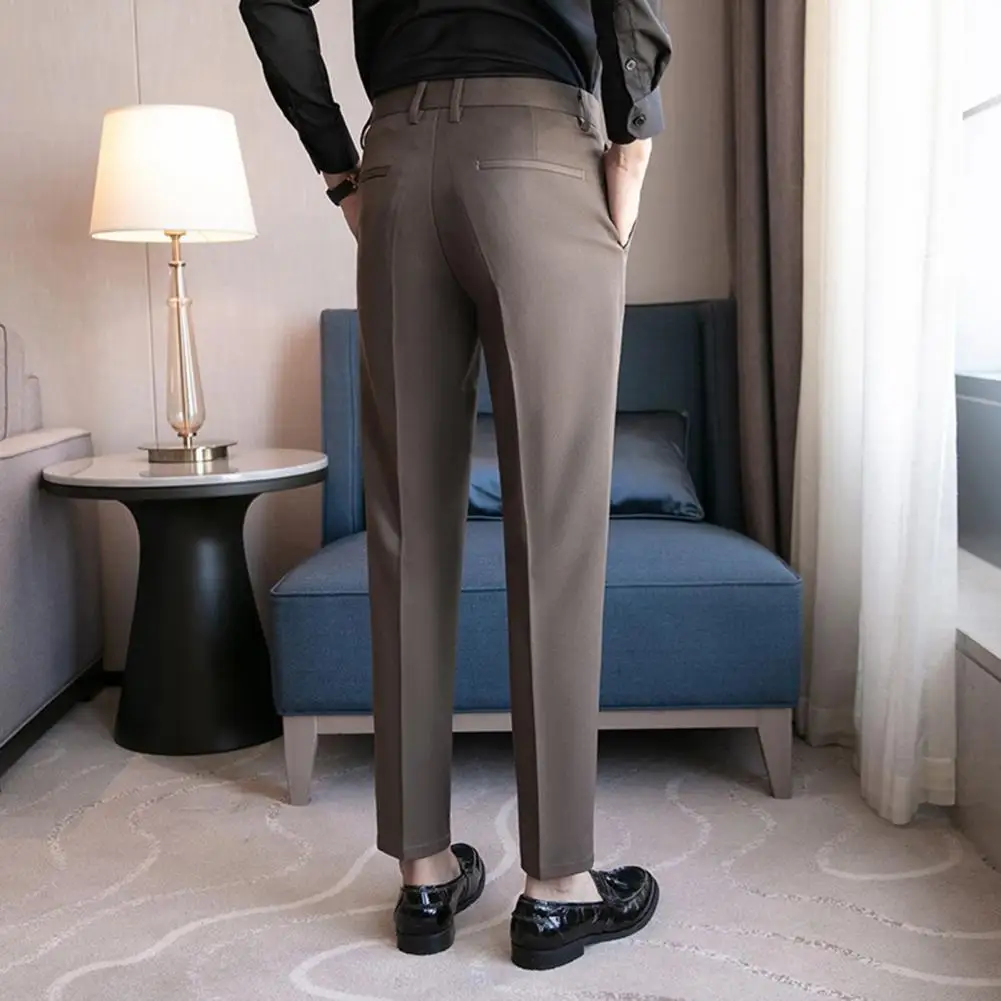 Men Straight Pants Men Solid Color Trousers Elegant British Style Men's Suit Pants with Side Pockets for Formal Business Wedding