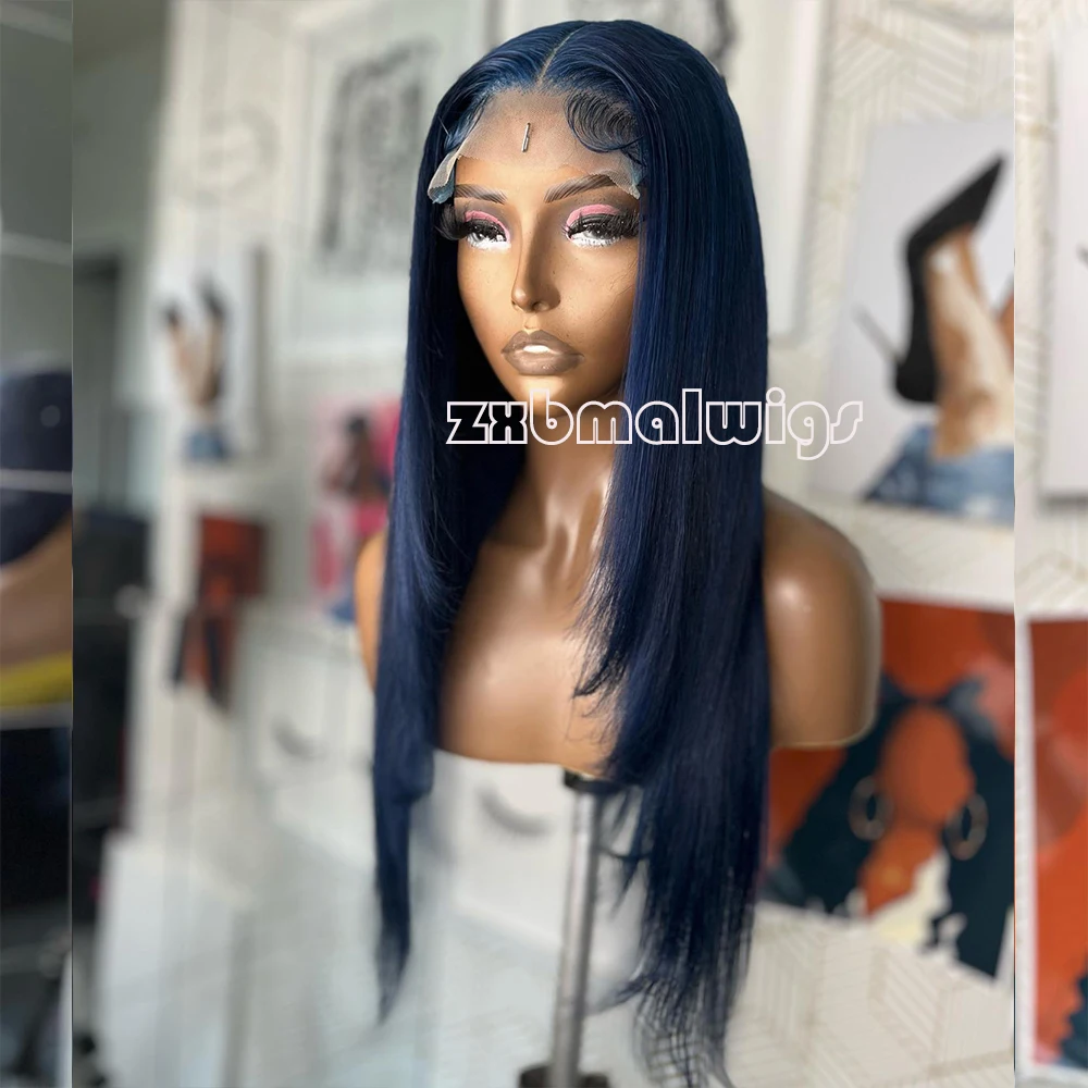 ZXBMALWIGS Synthetic 13X4  Straight Navy Blue Color Hair Lace Front Wigs for Women Glueless Cosplay Hair Heat Resistant Fiber