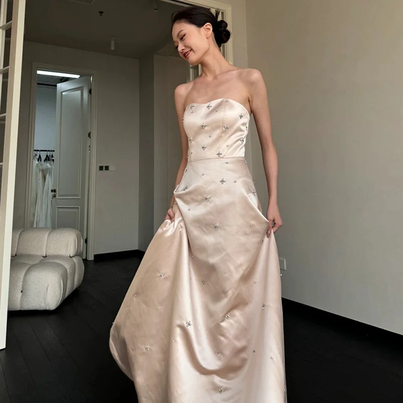 Black 2025 New Elegant Light Bridal Dresses For Bride Strapless Satin A-line Wedding Party Dress Vestido De Novia Casamento