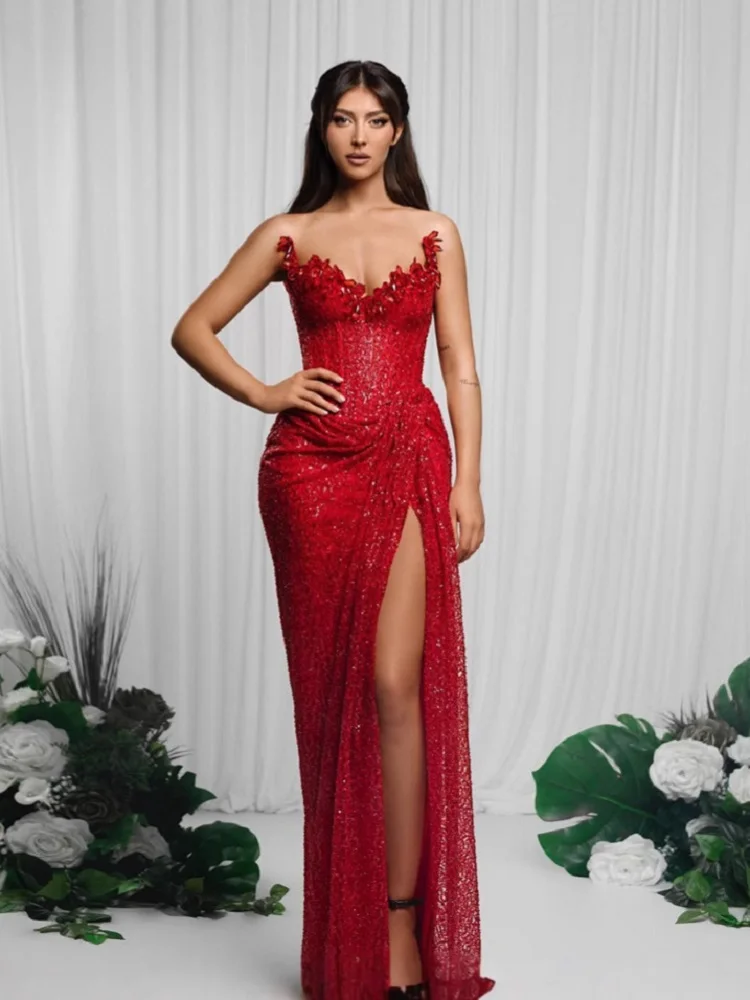 2025 Luxury Women Celebrity Sexy Off Shoulder Sparkly Sequins Split Maxi Long Red Dress Elegant Evening Party Club Vestido