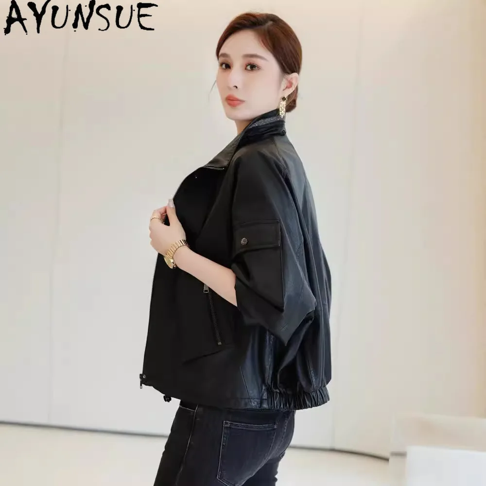 AYUNSUE Giacca in vera pelle da donna 2025 100% pelle di pecora Cappotti da donna Giacche da moto Primavera Autunno Abiti Vestibilità ampia