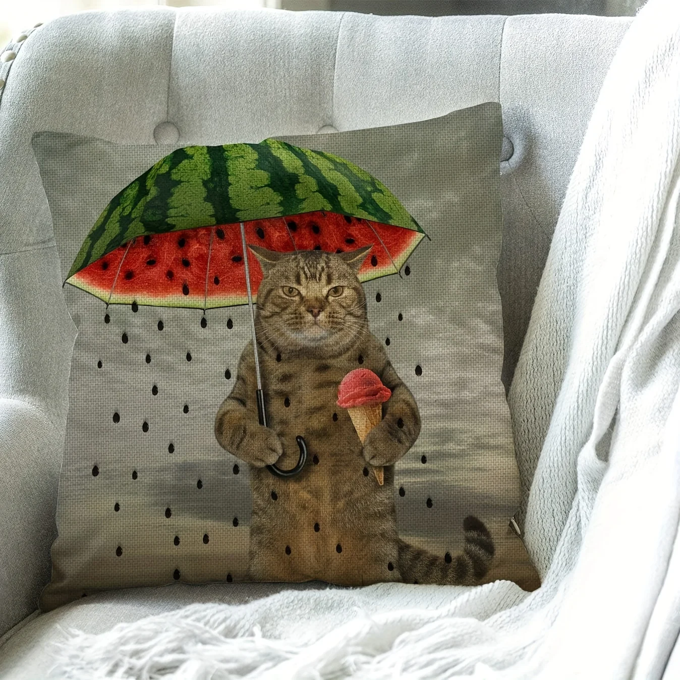 Charming Cat with Umbrella Ice Cream Double-Sided Pillowcase, Cute Animal Pattern Cushion Cover with Zipper, Washable Decor