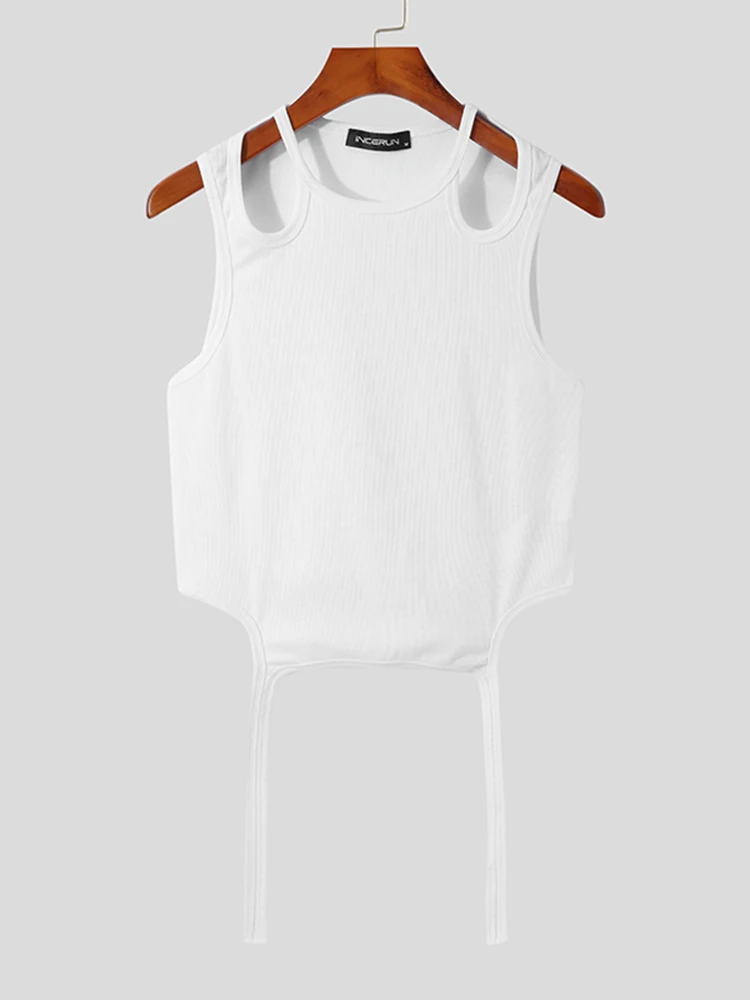 INCERUNFashion Men Tank Tops Solid Color 2023 Sleeveless Hollow Out Casual Vests Men Summer Sexy Streetwear Irregular Tops S-5XL