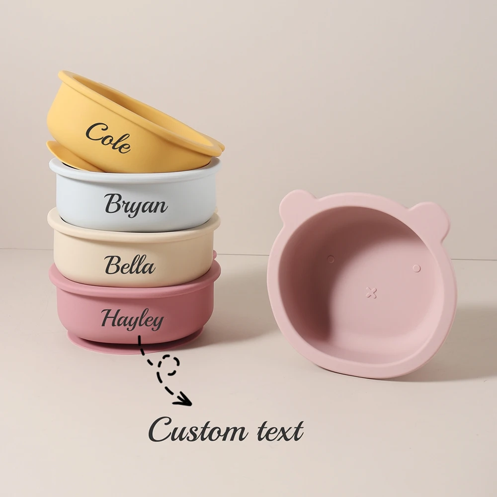 Custom Name Baby Food Bowl 300ML, Cute Bear Silicone Suction Bowl with Strong Suction Base, Spill-Proof Weaning & Self Feeding T