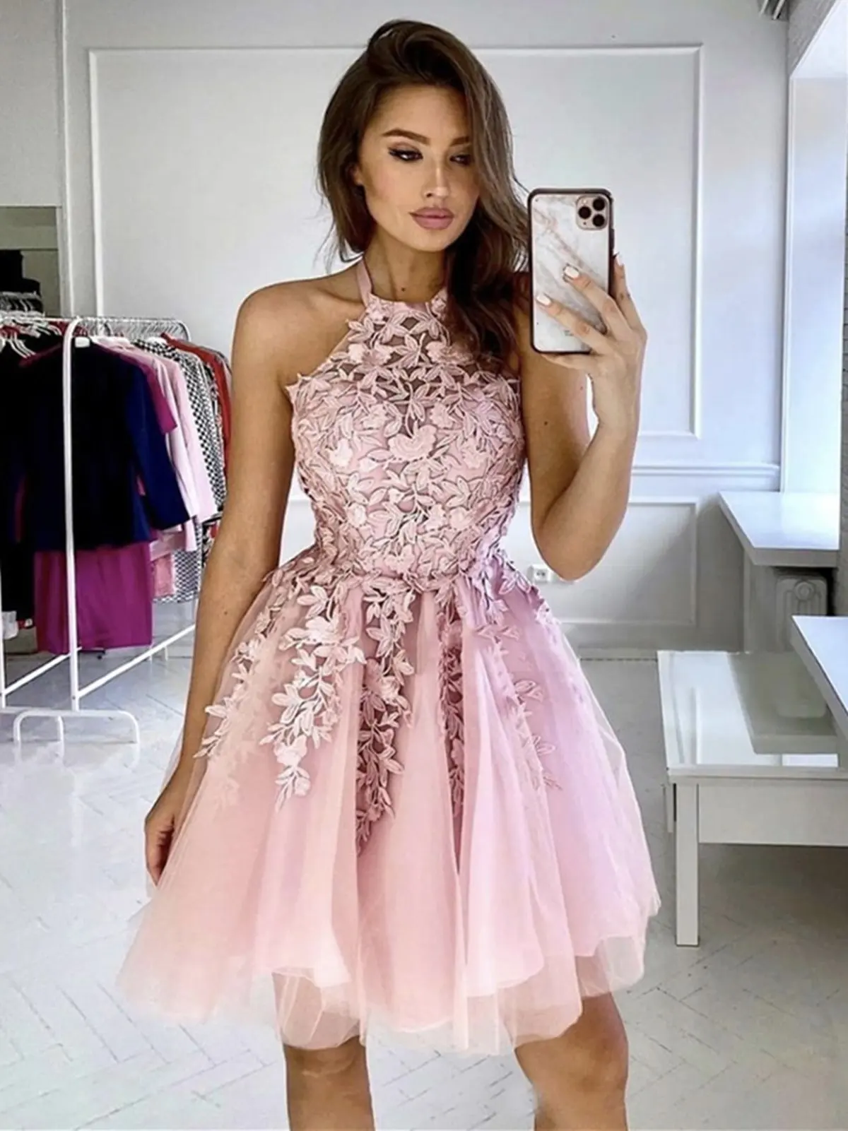 Lace Applique Backless Prom Dresses, Vestido de baile curto, Champagne Evening Gown, Custom Made, Festa formal, Rosa e azul