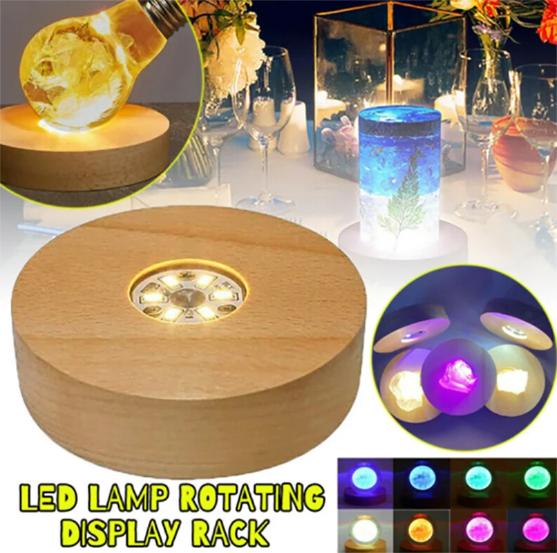 Round Crystal Luminous Light Wood Base Rechargeable LED Light Rotating Display Stand Aromatherapy Night Light Lamp Holder