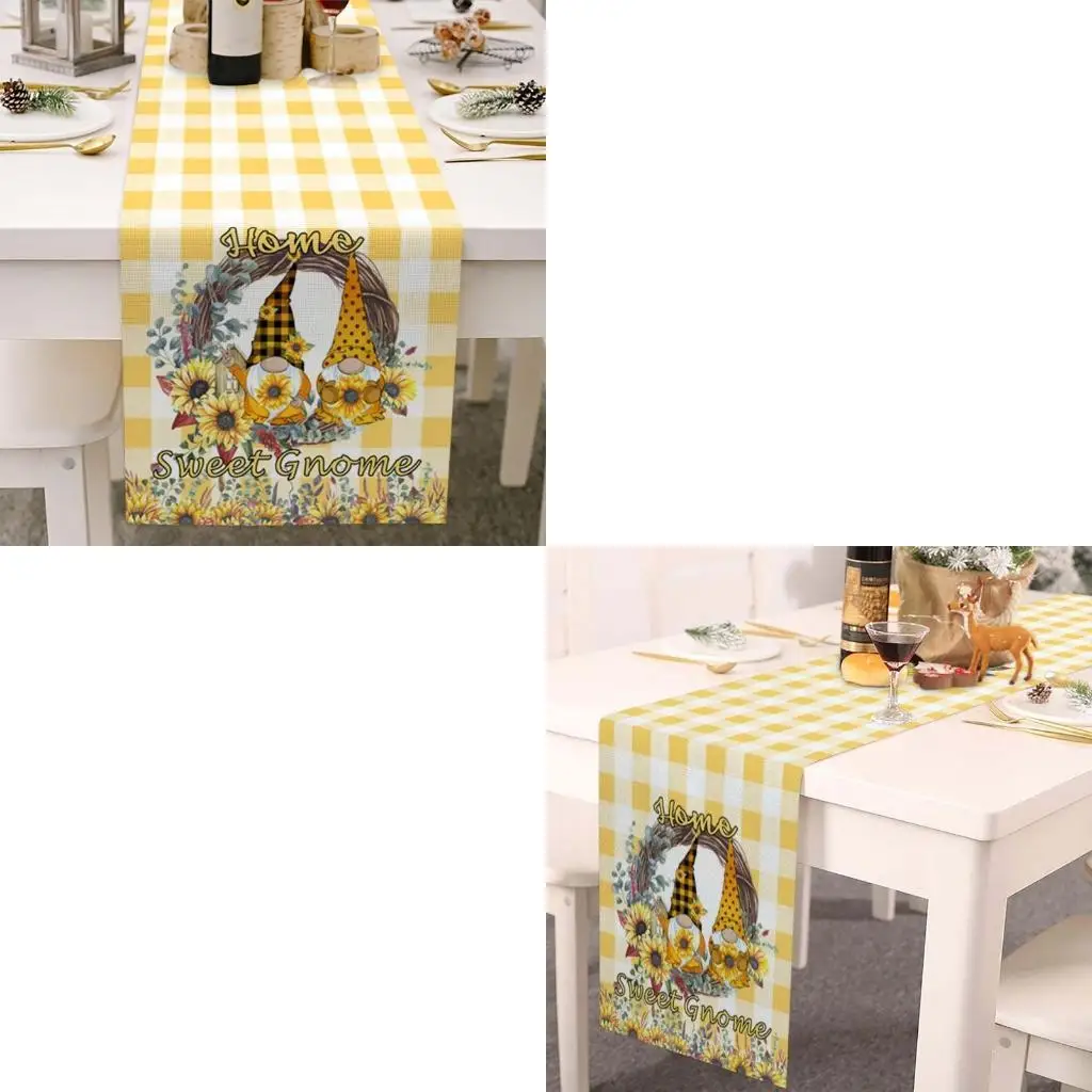 L43A Gnome Cotton Linen Table Runner Table Cloth Desktop Decor for Spring Easter Farmhouse Kitchen Dining Tabletop
