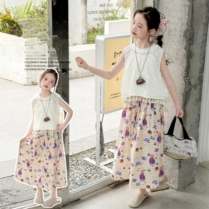 Girls Summer Clothing Set Bohemian Style Fashion Children's Vest + Camisole + Skirt Three-Piece Set Cute