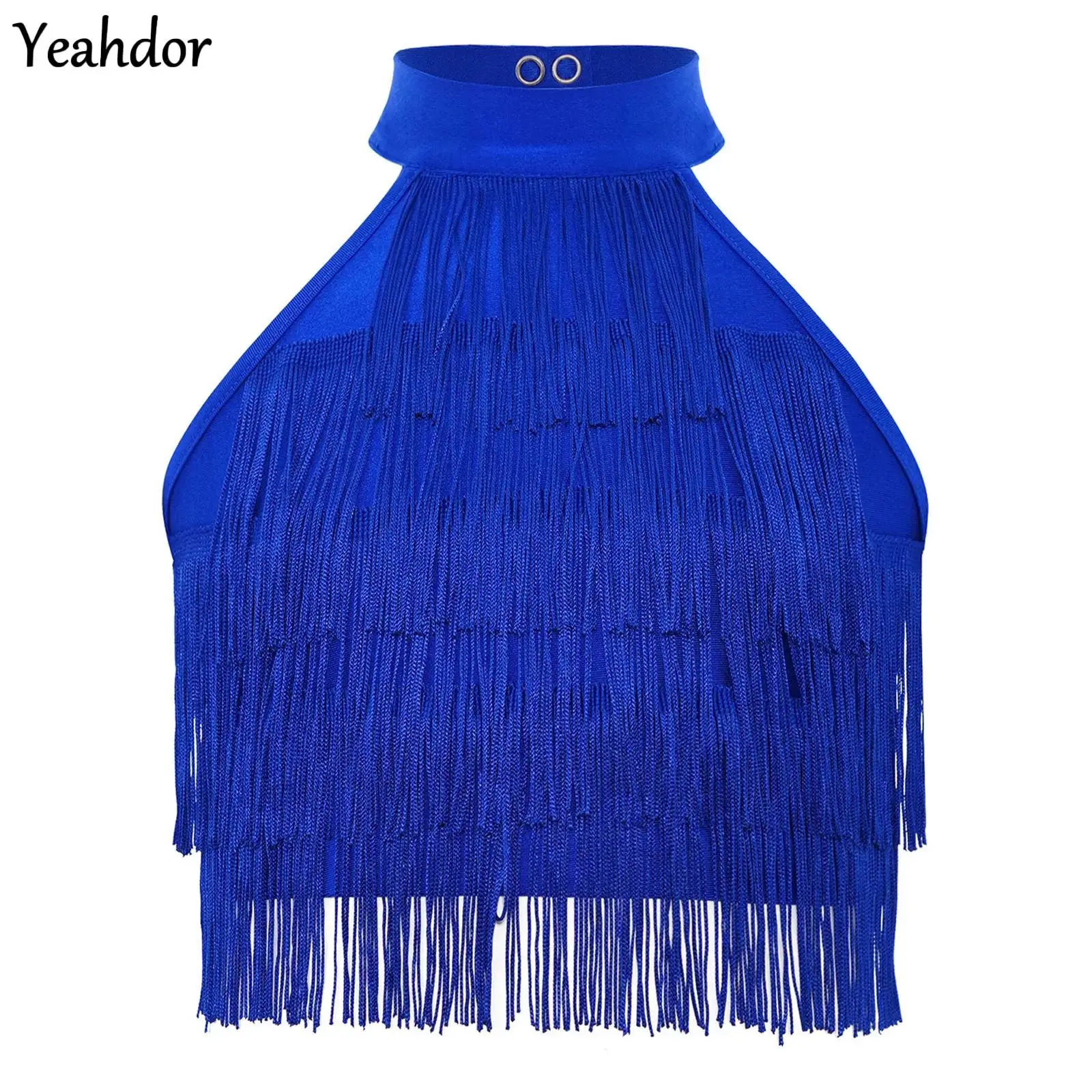 

Kids Girls Latin Dance Crop Top Salsa Rumba Samba Performance Competition Costume Sleeveless Strappy Back Tiered Tassels Vest