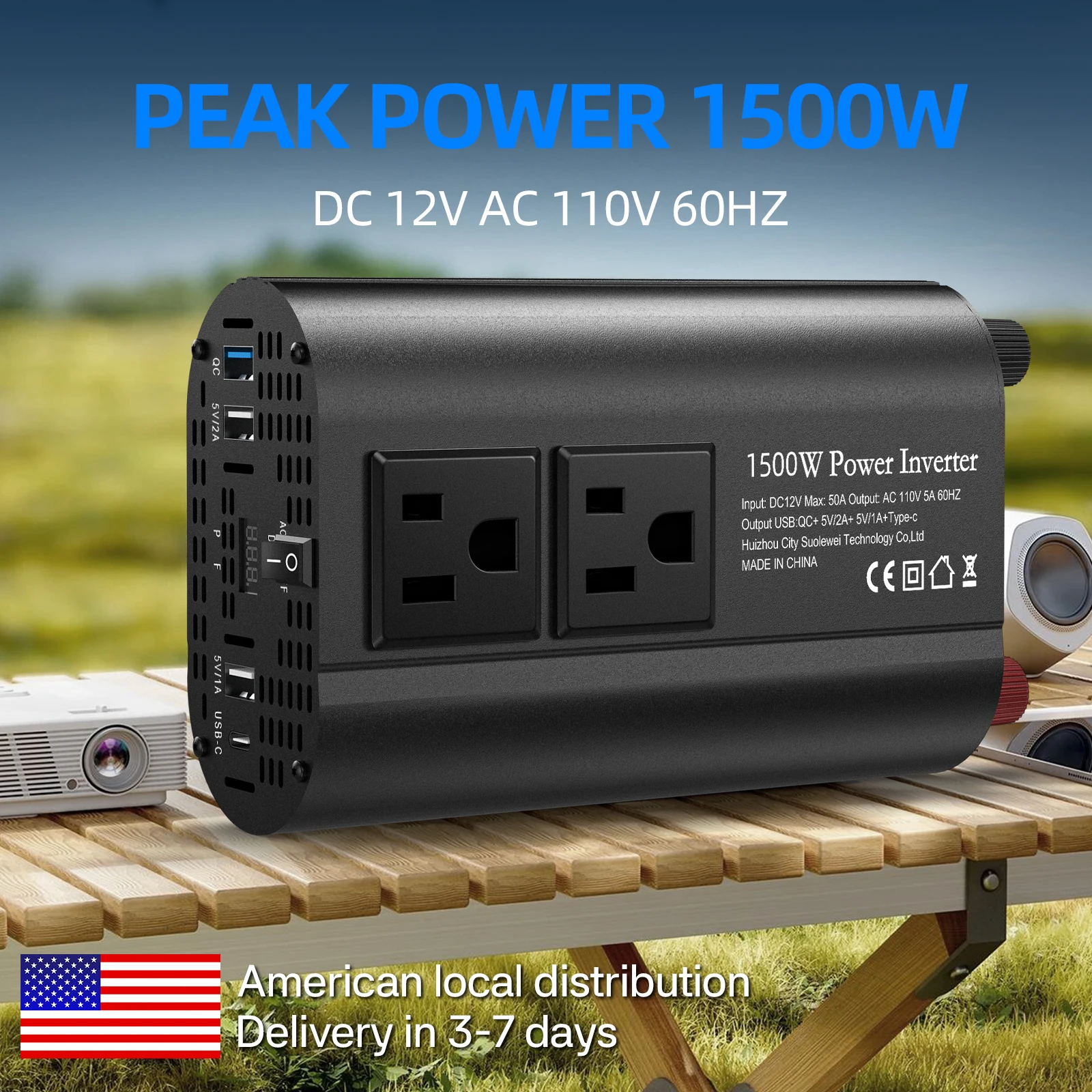 

1500W Portable Inverter Converter with US Socket DC 12V to AC 110V 60HZ for On-the-Go Power Conversion