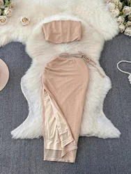 Foamlina New Chic Summer Two Pieces Set for Women Fashion Solid Strapless Crop Tube Top and Elastic Waist Side Split Skirt Suits